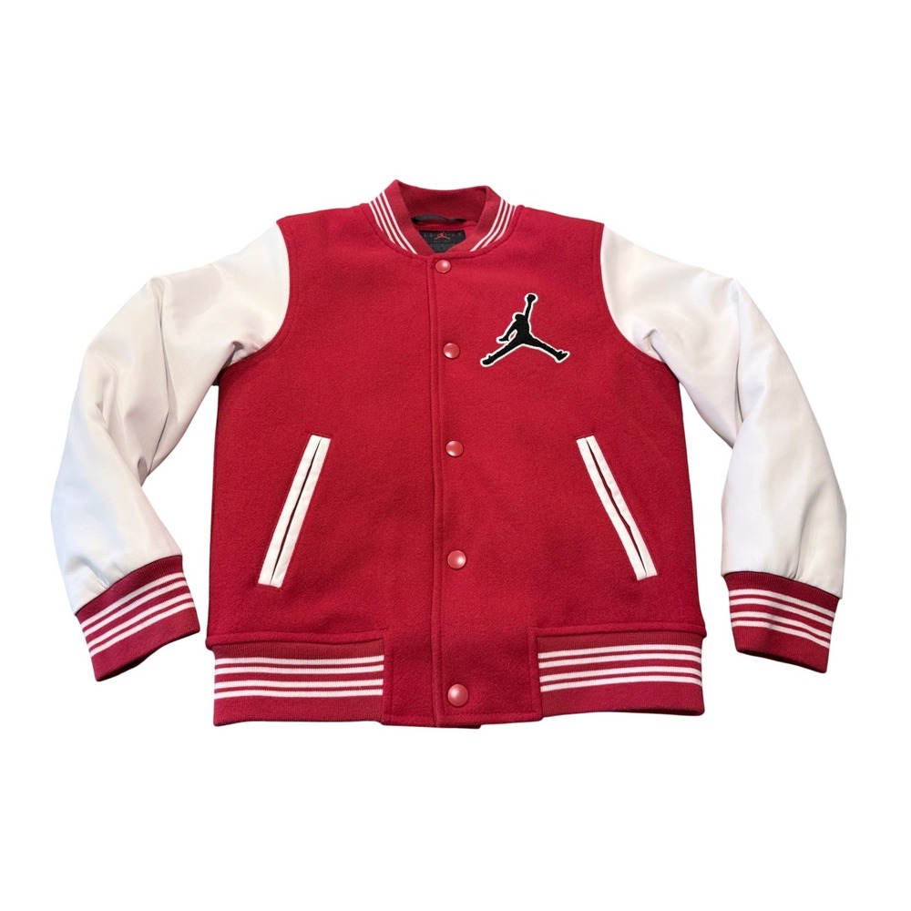 Jordan Flight Kids Varsity Jacket Red White Jumpman Letterman Snap Front Medium